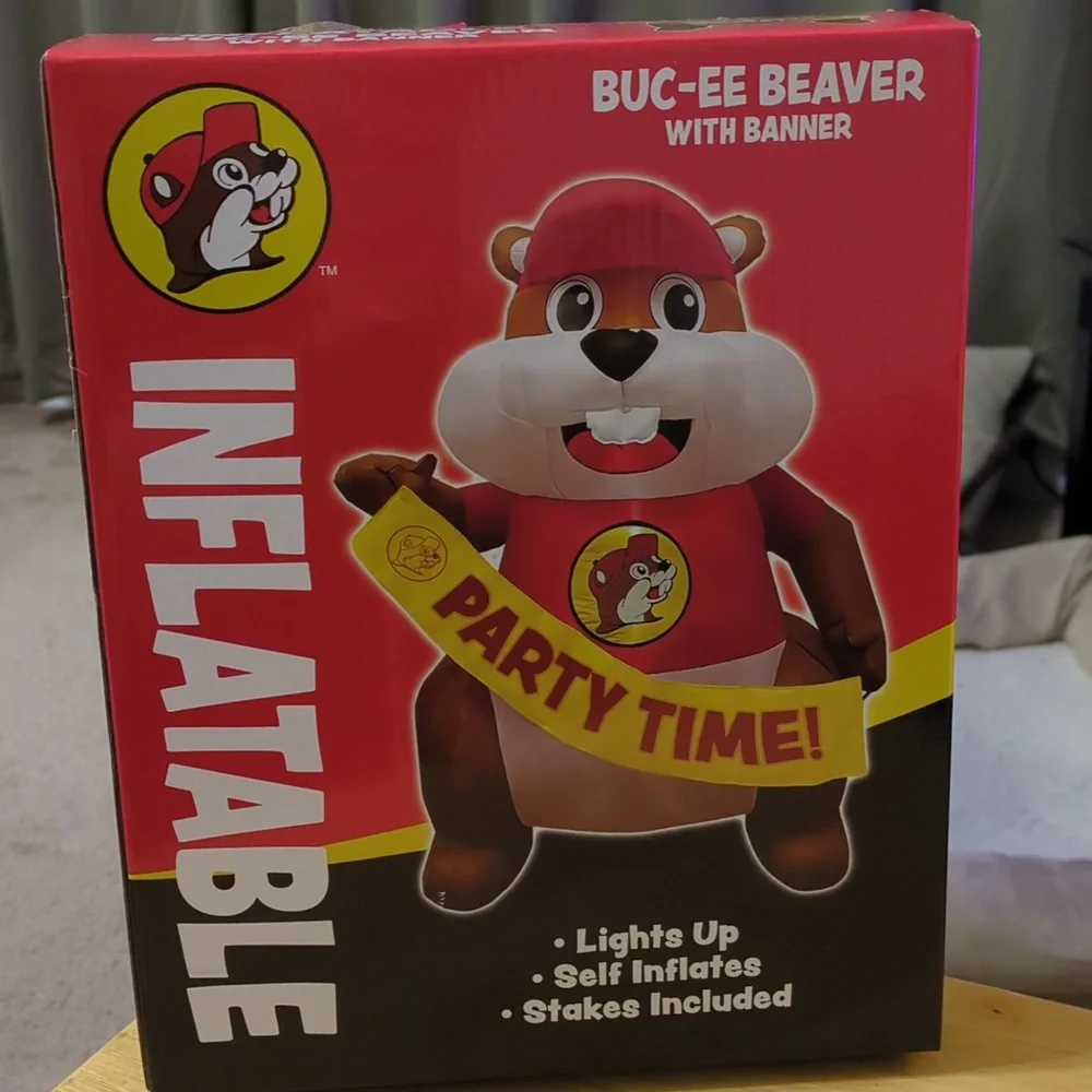 Buc-ee Beaver Inflatable Party Decoration - Red with removable banner.